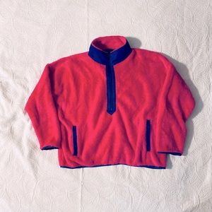 J Crew Hot pink fuzzy zip up, with purple trim.